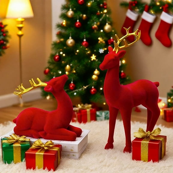 DAMAI 2 Pcs Christmas Flocked Elk Decorations Set, Standing/Lying Red & Green Deer Figurines, Ideal Tabletop Holiday Decor For Christmas Indoor Christmas Decorations,Red