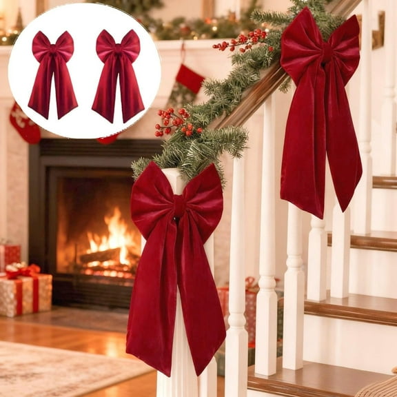 DAMAI 2 Pcs Large Velvet Bowknot Christmas Tree Topper Retro Wine Red Bow Ornament, Ribbon Tie for Wedding Christmas Fall Birthday Party Supplies