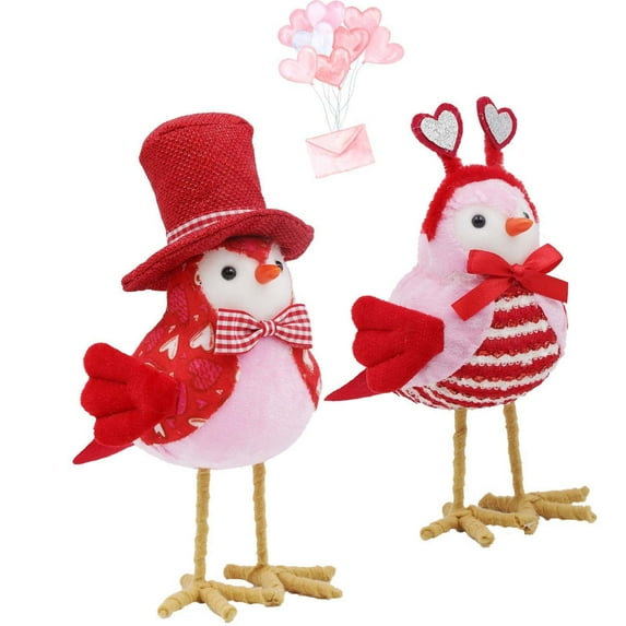 DAMAI 2 Pcs Sweet Bird Valentines Day Decorations, Handmade Bird Plush with Heart Design for Home Table Centerpiece, Red Bird Ornament Party Supplies (A+B, 2 Pcs)