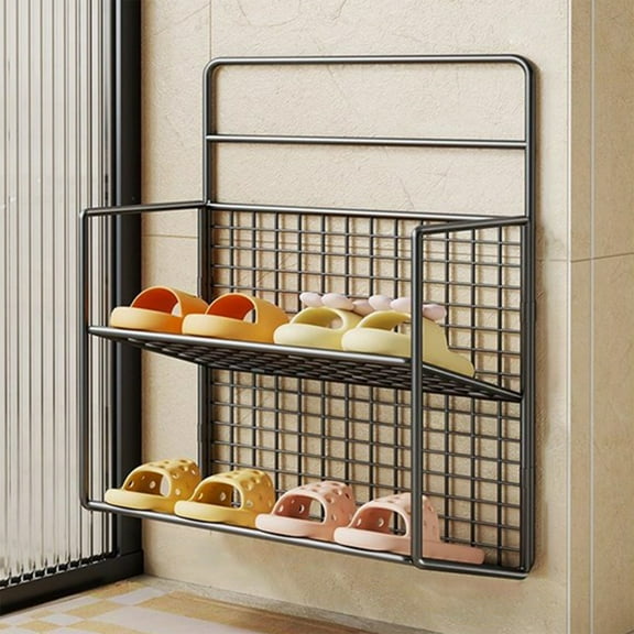 DAMAI 2 Tier Bathroom No-Punch Slipper Rack,Metal Shoe Storage Rack,Wall Mounted Drainage Shelf (Black)
