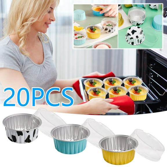 DAMAI 20 Pcs Baking Cups with Lids,5oz Aluminum Foil Liners Mini Disposable Containers Cups,Disposable Foil Baking Cups Containers Mini Pie Creme Brulee Pan,Blue
