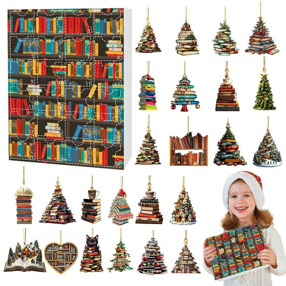 DAMAI 2025 Christmas Book Pendant Calendar Advent, Personalized Stack of Book Tree Ornament, 24 Days Christmas Collectible Funny Book Pendant, Xmas Tree 2D Acrylic Set Hanging Ornaments