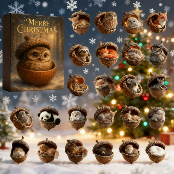 DAMAI 2025 Forest Animal Advent Calendar - 24pc Rustic Acorn & Animal Ornaments, 2D Acrylic Hanging Ornaments for Xmas Tree Decor, Pinecone Animal Ornament for Christmas Tree Decoration,