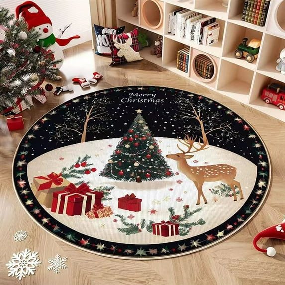 DAMAI 23.6 inch Christmas Round Area Rug with Tree and Deer Design, Winter Xmas Decorative Kitchen Rugs Non Slip Front Door Rug, Low Pile Soft Round Area Rug for Bathroom Bedside Living Room