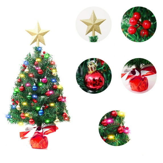 DAMAI 23.6 inch Tabletop Christmas Tree Artificial Small Christmas Tree with Lights, Colorful Christmas Balls and Shiny Golden Stars Tree Top, Light up Green Pine Trees for Holiday DIY Decor