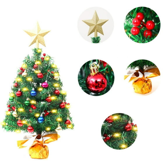 DAMAI 23.6 inch Tabletop Christmas Tree Artificial Small Christmas Tree with Lights, Colorful Christmas Balls and Shiny Golden Stars Tree Top, Light up Green Pine Trees for Holiday DIY Decor