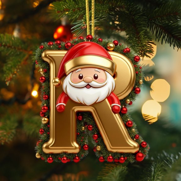 DAMAI 26 Letter Gold Christmas Ornaments With Cartoon Santa Claus- 2D Initial Ornaments for Christmas Tree, Personalized Name Decorations with Alphabet Letters for Holiday Decor