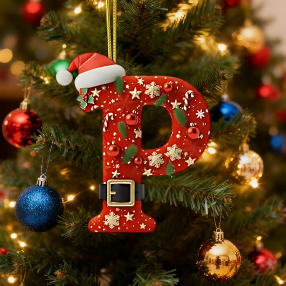 DAMAI 26 Pcs Red Initials Christmas Ornaments for Tree, 2D Acrylic Personalized Gnomes Decorative Monogram Pendants with Santa Hat Belt, Christmas Hanging Decorations for DIY Crafts Xmas Home Decor