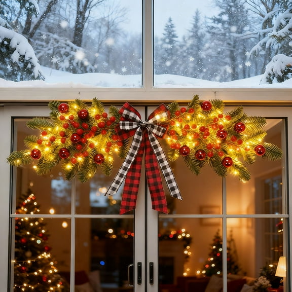 DAMAI 27.6 Inch Light Up Christmas Floral Swag with Red Berries and Bows, Winter Pine Needles Decoration Swag with Ribbon Bow and Red Berry,Front Door Decor Christmas Wreath
