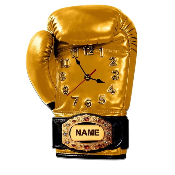 DAMAI 2D Personalization Boxing Glove Wall Clock with Name Customizable 14 Inch Championship Belt Design Sports Theme Home Decor Clock Acrylic Material (Yellow)