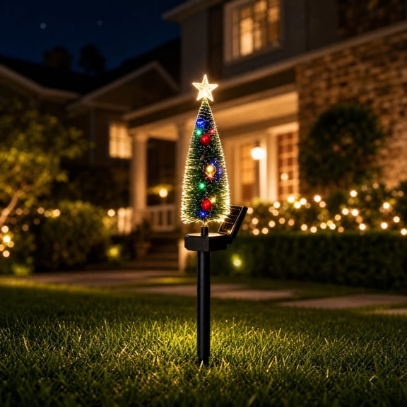 DAMAI 2PCS Solar Christmas Tree Garden Stake Light, Mini Small Xmas Tree Lights With Colorful Ornaments Star Top, Waterproof Solar Christmas Lights for Yard Front Porch Pathway Grave Decor