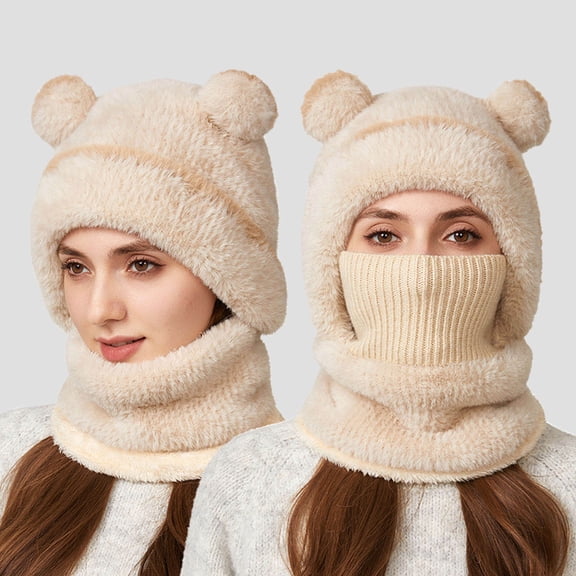 DAMAI 3 in 1 Beanie Hat with Scarf and Mask, Women's Outdoors Windproof Scarf Hat, Ski Mask Fleece Balaclava, Windproof Warm Adjustable with Fleece Lining Hat