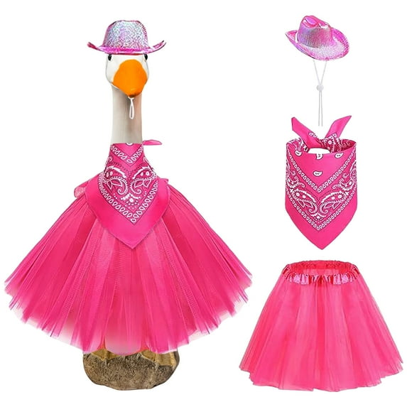 DAMAI 3 Pcs Cowboy Porch Goose Outfits,Mexican Porch Goose Outfits for 23" Cement Lawn Goose Statue Clothes Hat and Bandana Lace Tutu Skirt for Western Party Yard Outdoor(Rose Red) 