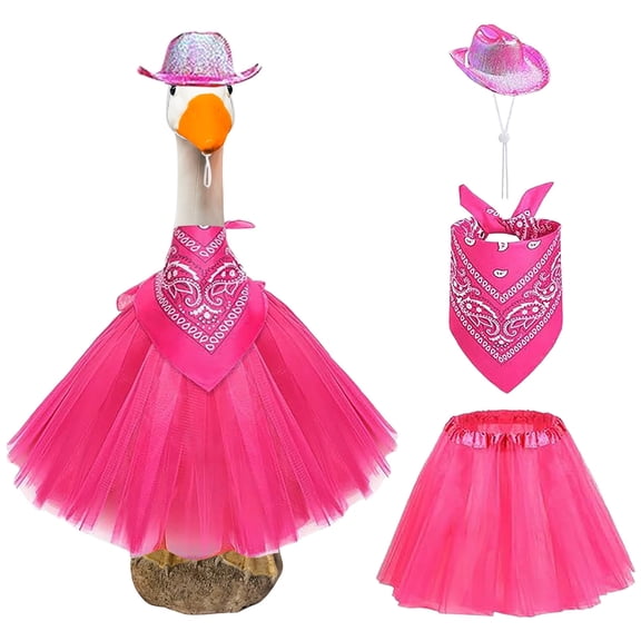 DAMAI 3 Pcs Cowboy Porch Goose Outfits,Mexican Porch Goose Outfits for 23" Cement Lawn Goose Statue Clothes Hat and Bandana Lace Tutu Skirt for Western Party Yard Outdoor(Rose Red) 