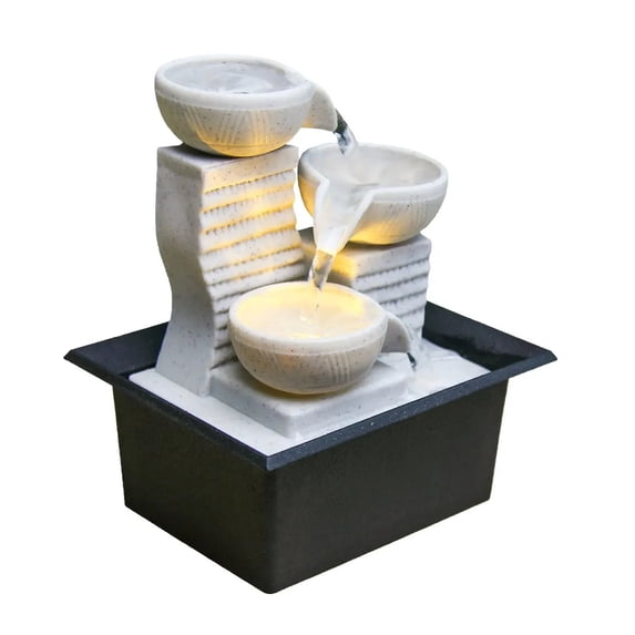 DAMAI 3-Tier Tabletop Water Fountain with LED Lights, Small Indoor Waterfall Feature with Layered Textured Bowls & River Stones, Calming Trickle Sound Zen Decor for Home Office Meditation