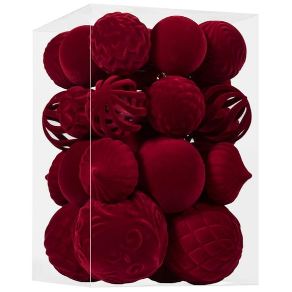 DAMAI 30 Pcs Velvet Christmas Ball Ornaments, Flocked Shatterproof Christmas Ornaments Hanging Xmas Tree Decorations Set for Xmas Tree Wedding Holiday Party Home(Burgundy)