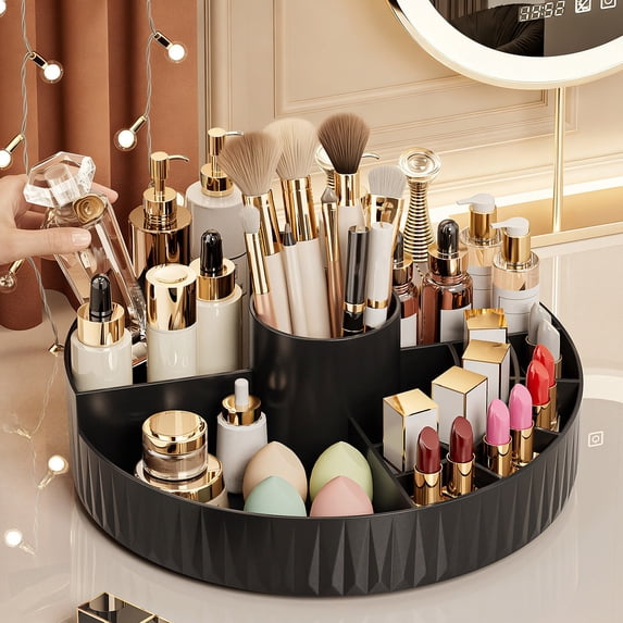 DAMAI 360° Rotating Makeup Brush Organizer, Partitioned Storage Container, Space-Saving Cosmetic Holder & Pen Holder (Black)