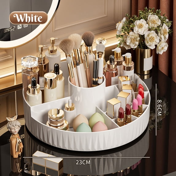 DAMAI 360° Rotating Makeup Brush Organizer, Partitioned Storage Container, Space-Saving Cosmetic Holder & Pen Holder (White)