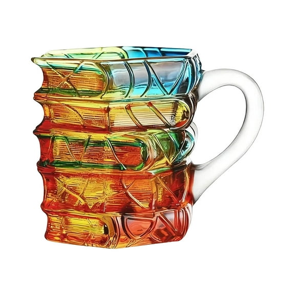 DAMAI 3D Hand Painted Coffee Cup, 7 OZ Stained Glass Coffee Mug, Stained Glass Novelty Stacked Spines Coffee Cup for Readers, Librarians, Book Lovers, Writers & Bibliophiles