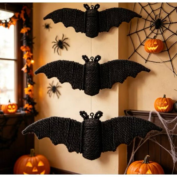 DAMAI 3PCS Halloween Handwoven Rattan Bat Wall Hanging,3D Black Woven Texture Bat With Top Loops,Spooky Decor For Porch Window Wall Tree Mantel Entryway