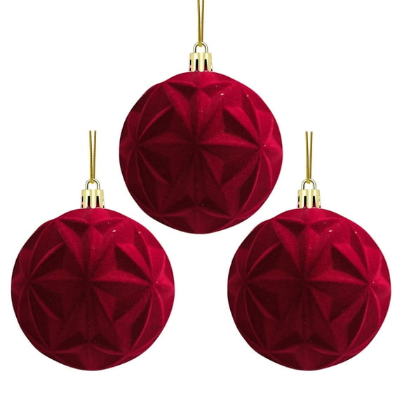 DAMAI 3Pcs 3.1 Inch Large Velvet Christmas Ball Ornaments, Vintage Christmas Plastic Ball Ornaments Flocked Christmas Tree Hanging Ornament for Xmas Party Wedding Home Decor (Red)