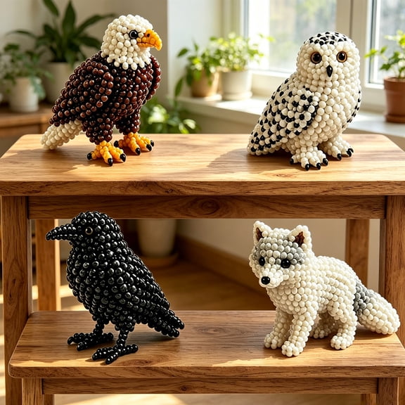 DAMAI 4 Pcs 3D Beaded Land Sky Animals Kit, Eagle Owl Raven Arctic Wolf Bead Starter Embroidery Kit, Easy DIY Land Creature Beaded Craft Set for Beginners & Craft Enthusiasts