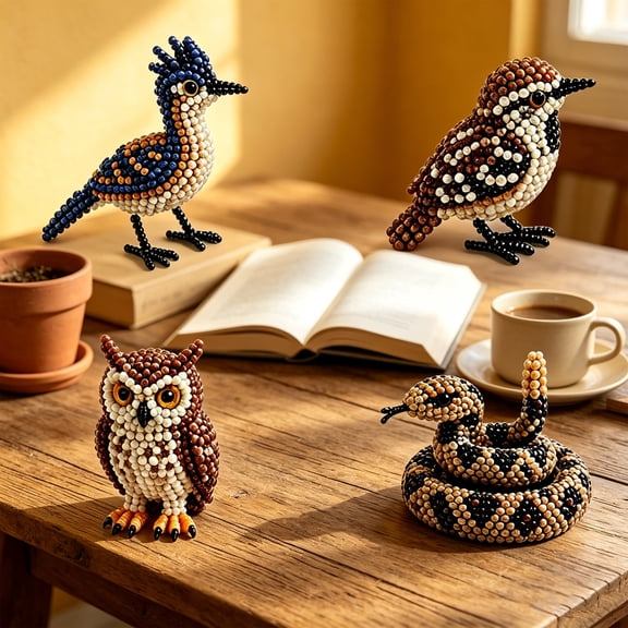 DAMAI 4 Pcs 3D Beaded Land Sky Animals Kit, Sparrow Owl Rattlesnake Bead Starter Embroidery Kit, Easy DIY Land Creature Beaded Craft Set for Beginners & Craft Enthusiasts