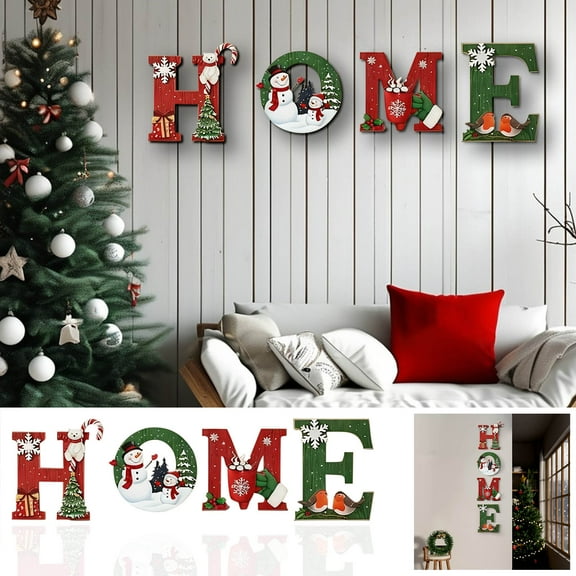 DAMAI 4 Pcs Wood Home Sign Christmas Wall Decor, Christmas Rustic Theme Wall Sign for Home Letters Hanging Wall Decor, Art Signs Wooden Wall Art for Indoor Outdoor Wall Decorations