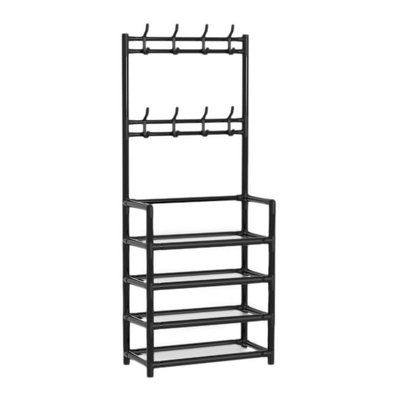 DAMAI 4 Tier Entryway Coat Rack, Coat and Shoe Rack, Coat Rack with Shoe Storage Coat Rack Freestanding with 8 Hooks for Bedroom, Hallway, Office（Black）