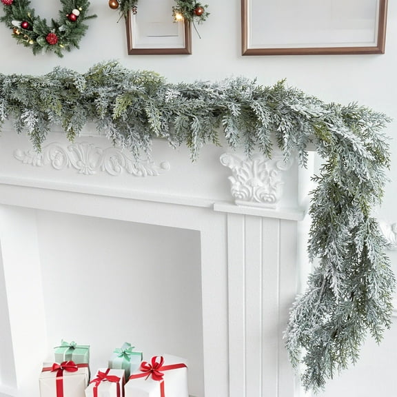DAMAI 5.9 FT Frosted Flocked Snow Norfolk Pine Garlands, Real Touch Winter Pine Garland, Green Artificial Greenery Garland for Mantle Fireplace, Wall, Table & Home Decoration (Cypress)