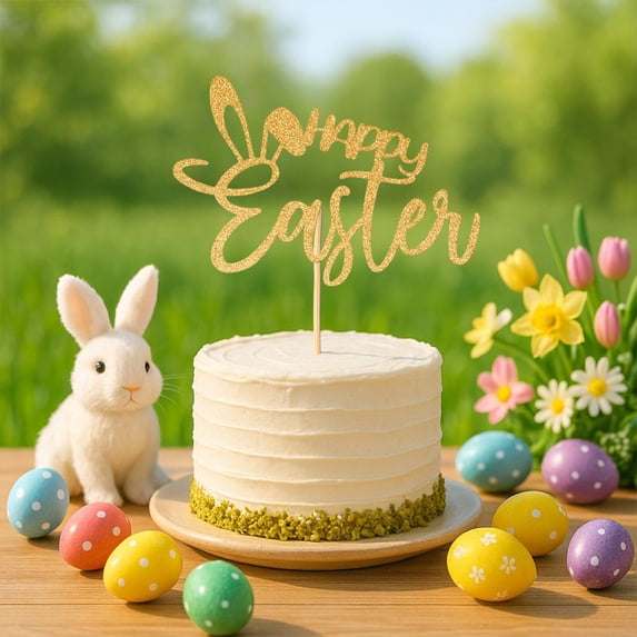 DAMAI 5.9 inch Glitter Happy Easter Cake Topper, Happy Easter Cake Topper Bunny Ears Easter Egg Decor, Easter Party Decorations for Cakes, Centerpieces, Table Decor