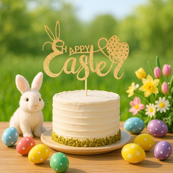 DAMAI 5.9 inch Glitter Happy Easter Cake Topper, Happy Easter Cake Topper Bunny Ears Easter Egg Decor, Easter Party Decorations for Cakes, Centerpieces, Table Decor