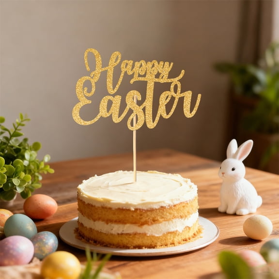 DAMAI 5.9 inch Glitter Happy Easter Cake Topper, Happy Easter Cake Topper Bunny Ears Easter Egg Decor, Easter Party Decorations for Cakes, Centerpieces, Table Decor