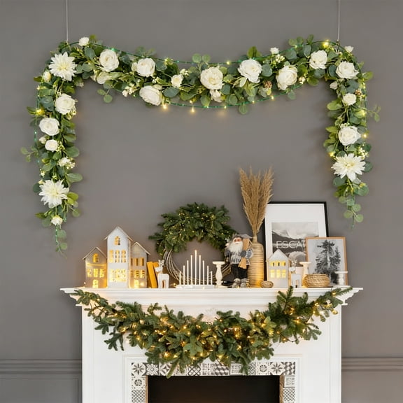 DAMAI 5.9Ft Artificial Eucalyptus Flower Garland with Fake Rose Dahlias Flower Vine Seeded Eucalyptus Leaves Greenery Garland for Wedding Table Backdrop Party Centerpiece Room Decor