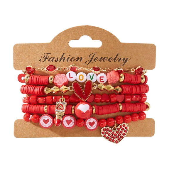 DAMAI 5 Pcs Bohemia Multilayer Crystal Glass Beaded Valentine's Day Charm Bracelets Set Love Heart Clay Bead Bracelet Cute Pink Red Stackable Stretch Bracelets Valentines Accessories Jewelry