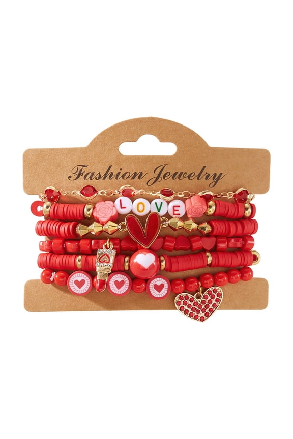 5 Pcs Bohemia Multilayer Crystal Glass Beaded Valentine's Day Charm Bracelets Set Love Heart Clay Bead Bracelet Cute Pink Red Stackable Stretch Bracelets Valentines Accessories Jewelry