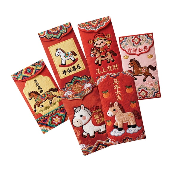 DAMAI 6 Pcs Chinese New Year Red Envelopes of 2026, Year of the Horse Design with Blessings, New Year Money Gift Envelope Kawii Cartoon Horse Design Irregular Shape Red Envelopes