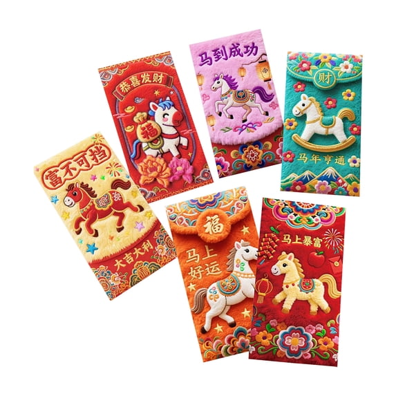 DAMAI 6 Pcs Chinese New Year Red Envelopes of 2026, Year of the Horse Design with Blessings, New Year Money Gift Envelope Kawii Cartoon Horse Design Irregular Shape Red Envelopes