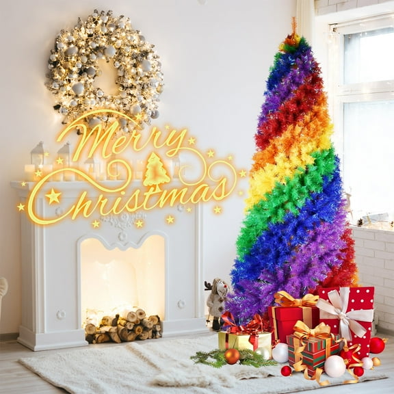 DAMAI 7.5Ft Artificial Colorful Rainbow Spiral Christmas Tree, Full Fir Hinged Xmas Tree with 1213 Branch Tips, Colorful PVC Artificial Holiday Tree with Unique Spiral Design and Sturdy Metal Stand
