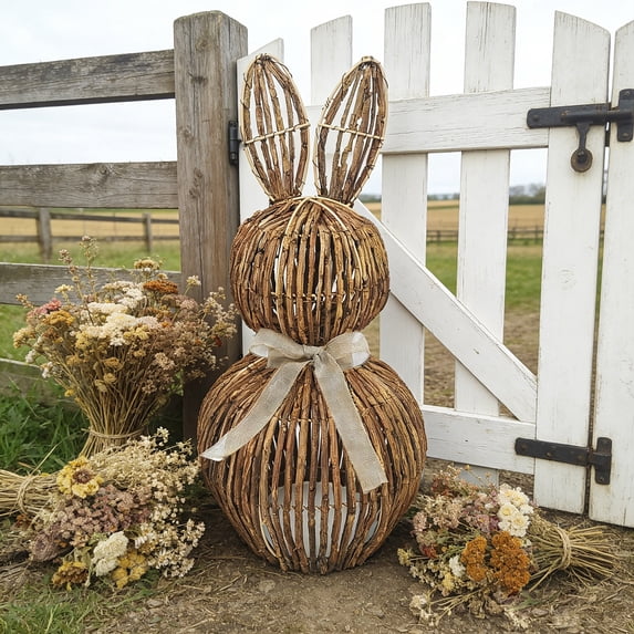DAMAI 7.9 Inch Rattan Woven Easter Bunny Decor Outdoor, Large Bunny Topiary with Beige Bow Rabbit Statue, Farmhouse Rabbit Easter Decorations for Spring Home Tabletop Decoration
