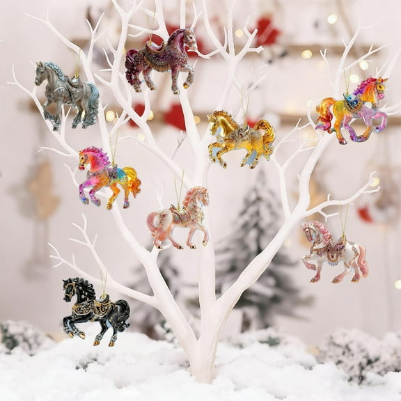 DAMAI 8 Pcs Christmas Horse Ornaments Christmas Tree Hanging Decorations, 2D Flat Acrylic Horse Ornaments Vintage Animal Hanging Decorations for Xmas Tree Home Party Decor