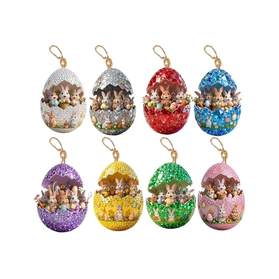 DAMAI 8 Pcs Easter Glitter Hanging Eggs Ornaments for Tree Vintage Egg Shape Bunny Hanging Decorations Spring Holiday Wood Easter Decor Hanging Signs with Rope for Home Party