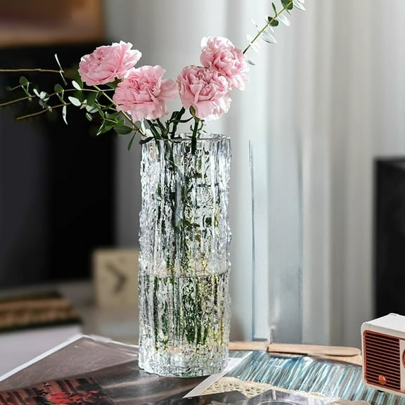 DAMAI 9.8 Inch Black Glass Vase, Glacier Glass Flower Vase, Boho Cylinder Ribbed Vase for Centerpiece, Living Room, Kitchen, Bookshelf, Dinner Table