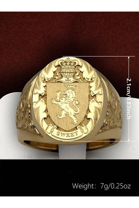 925 Sterling Silver Men's Crown Lion Shield Badge Ring, Animal Theme Lion Totem Royal Seal Amulet, Vintage Gothic Animal Jewelry for Hip Hop Cocktail Party