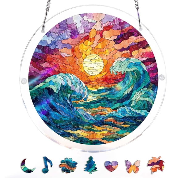 DAMAI Acrylic Puzzles Suncatcher Window Hanging, 83 Pieces 7.4 Inch Sun Catcher Acrylic Puzzles Garden Decoration for Women Men Mom Birthday Gift Home Decor (Golden Tide)