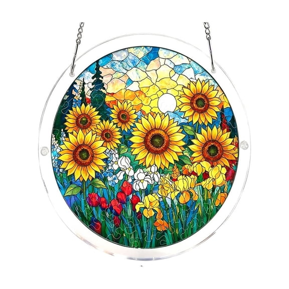 DAMAI Acrylic Suncatcher Puzzle, Flower Sunset Stained Glass Style Wildflower Round Acrylic Panel, Cottagecore Wall Art Decor for Indoor Outdoor Home Garden Lawn Bar Office
