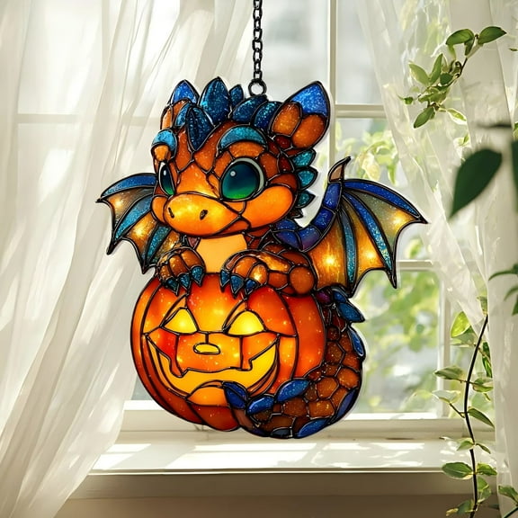 DAMAI Adorable Dragon Stained Glass Suncatcher with Pumpkin - Perfect Halloween Window Hanging for Room, Spooky Fantasy Fall Decor or Unique Gift (9x9 Inch)