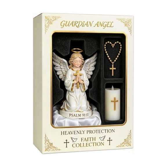 DAMAI Angel Figurine Set with Rosary & Candle, Handcrafted Resin Religious Home Decor Statue with Serene Expression & Wings, Christian Faith Gift for Home Altar Mantel Shelf Spiritual Collection