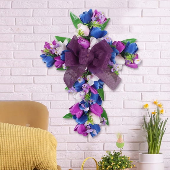DAMAI Artificial Floral Cross Wreath for Christian Easter Decor, Hanging Tulip Wreath for Front Door Wall, Rustic Religious Garland Easter Decorations for Wedding