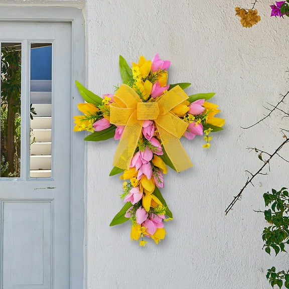 DAMAI Artificial Floral Cross Wreath for Christian Easter Decor, Hanging Tulip Wreath for Front Door Wall, Rustic Religious Garland Easter Decorations for Wedding